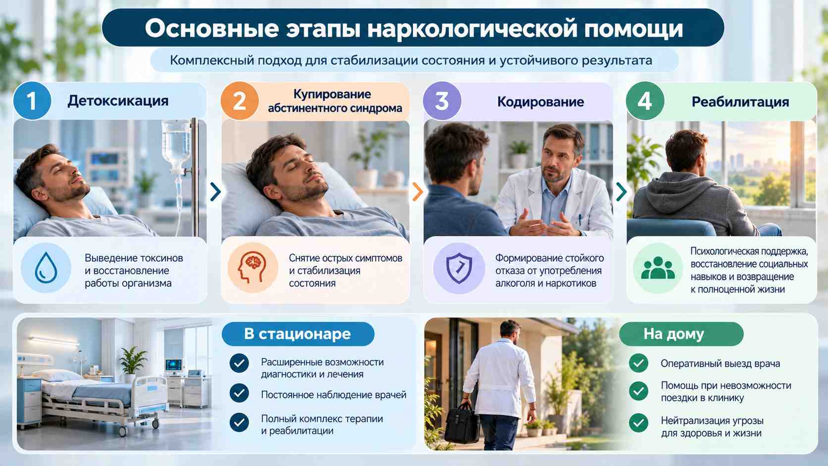 Инфографика с четырьмя этапами наркологической помощи: детоксикация, купирование абстинентного синдрома, кодирование и реабилитация. Сравнение лечения на дому и в стационаре.